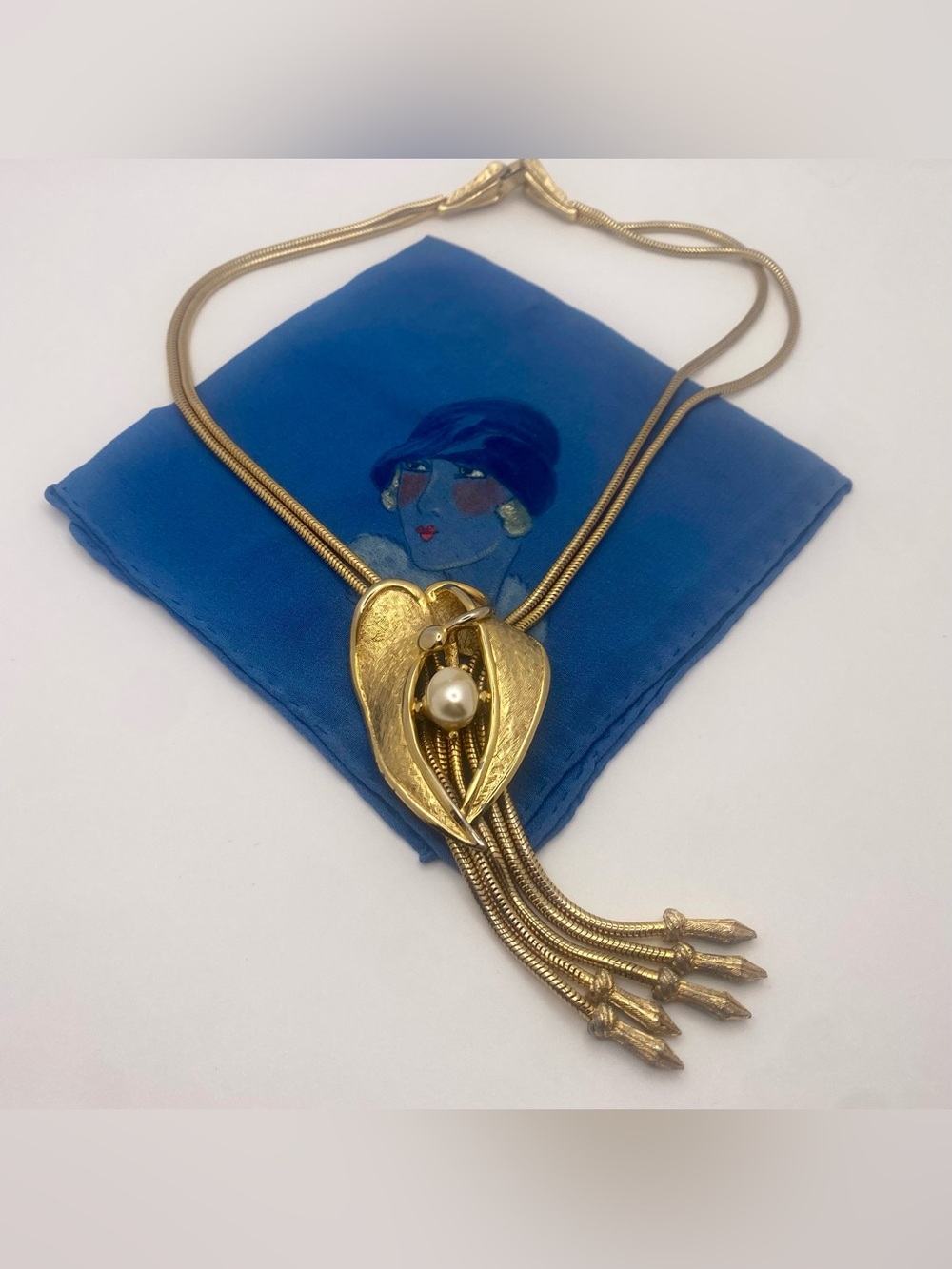 Vintage Signed TORTOLANI Pearl Tassel Bolo Necklace Gold